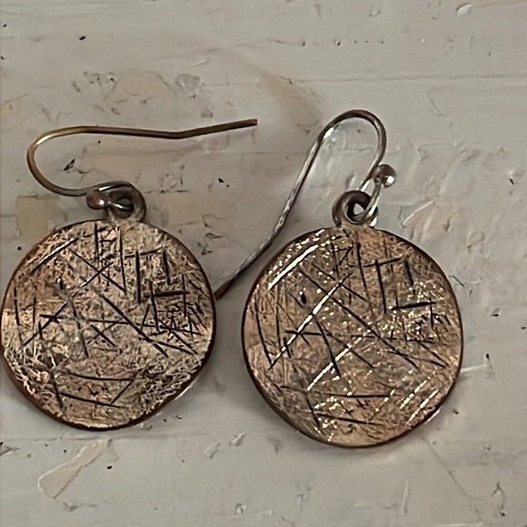 1” gold tone round textured medallion dangle earrings on hypoallergenic wires - Picture 1 of 13